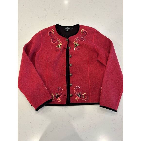 Icelandic designs red embroidered brass button cardigan size small wool - Picture 1 of 9